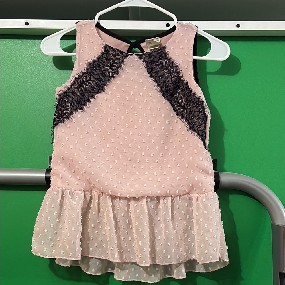 Pink Sleeveless Top with Black Lace Accents
